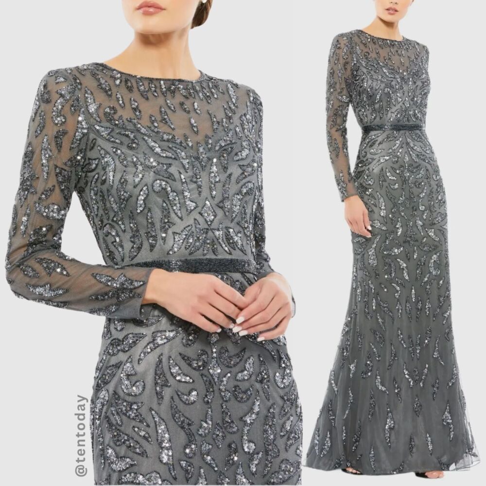 Mac Duggal 5124 Size 4 Charcoal Gray Beaded Long Sleeve Evening Gown Maxi Dress